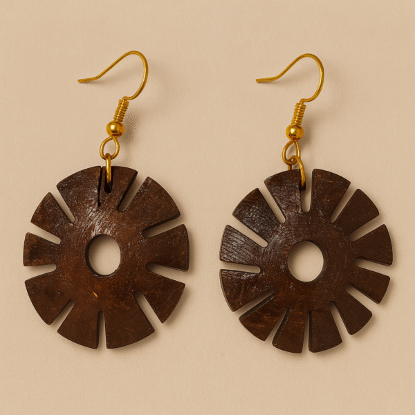 CR000001 Handcrafted Coconut Shell Circular Earrings with Natural Carved Finish - Image 2